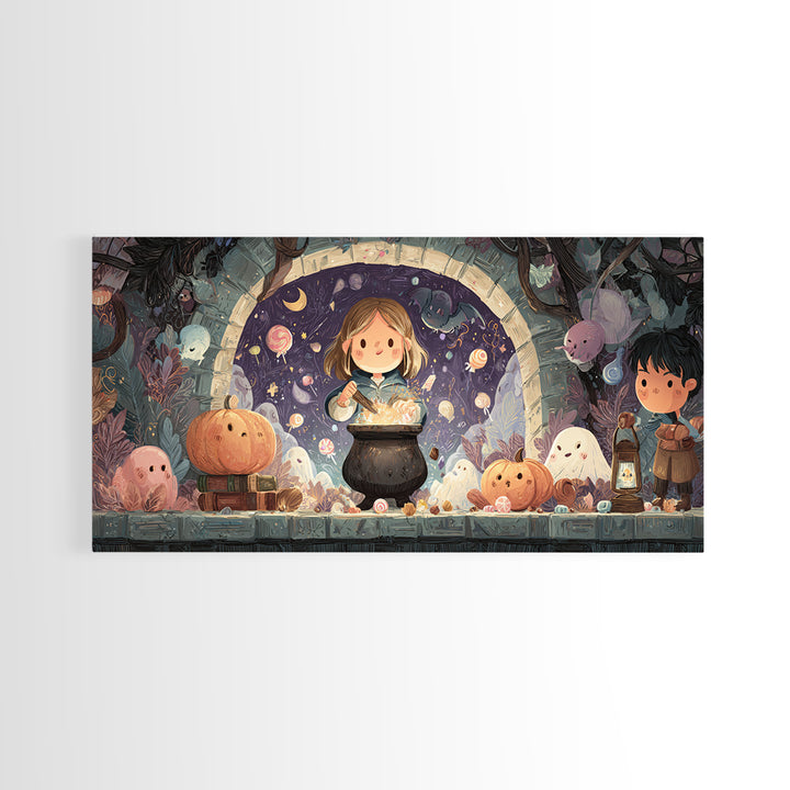 The Dreamwell Beneath Miskatonic, Kawaii Halloween Art, Wide Panoramic Art, Framed Canvas Print, Cute Halloween Wall Art