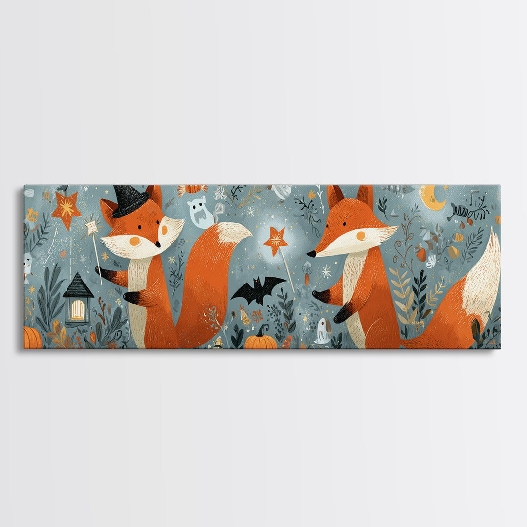 The Fox Wizard, Retro Halloween Art, Extra Wide Wall Art, Canvas Print, Cute Halloween Wall Art, Cozy Autumn Kids Decor