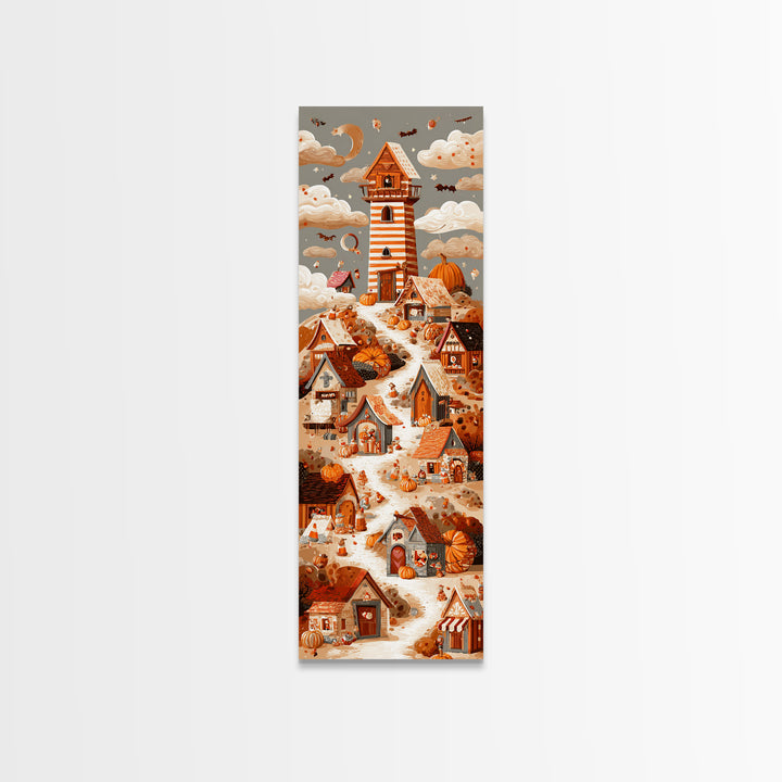 Candy Corn Village, Screenprint Halloween Art, Tall Narrow Wall Art, Framed Canvas Print, Cute Halloween Wall Art
