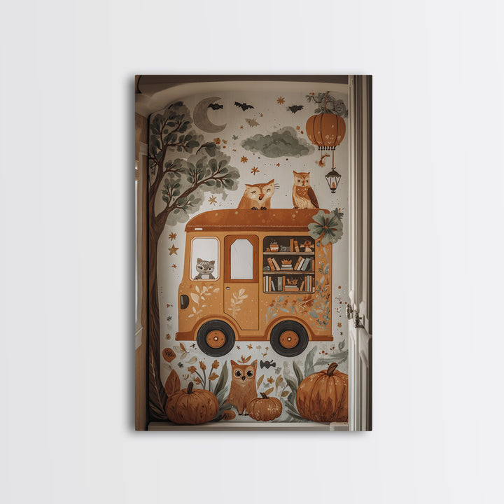 The Pumpkin Bookmobile, Folk Halloween Art, Vertical Wall Art, Canvas Print, Cute Halloween Wall Art