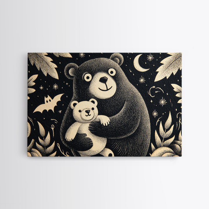 The Three-Eyed Teddy Monster, Linocut Halloween Art, Landscape Wall Art, Framed Canvas Print, Cute Halloween Wall Art