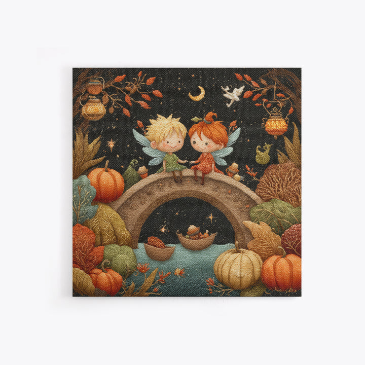 The Autumn Fairy Bridge, Embroidered Halloween Art, Square Wall Art, Canvas Print, Cute Halloween Wall Art