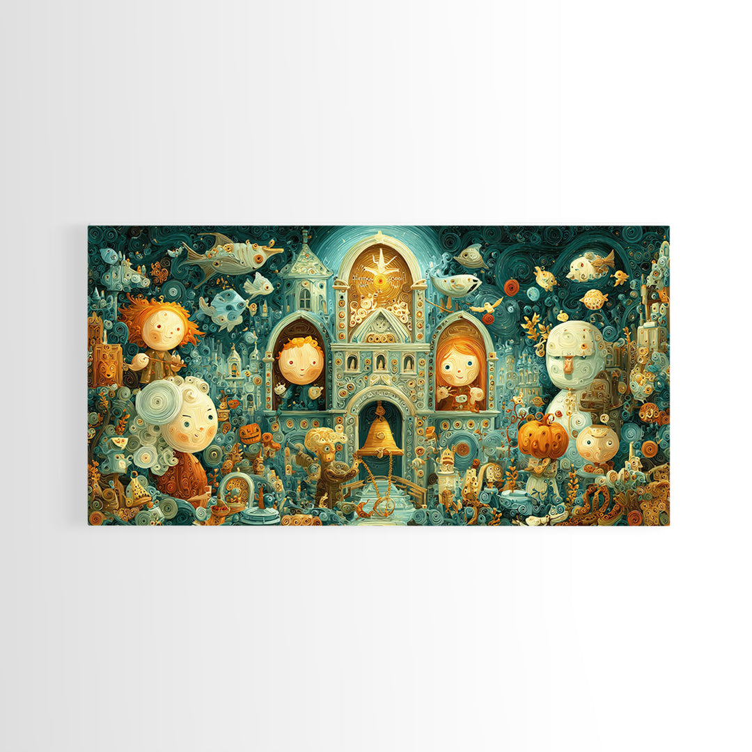 The Bellringer Of The Sunken Cathedral, Quilled Halloween Art, Wide Panoramic Art, Framed Canvas Print, Cute Halloween Wall Art