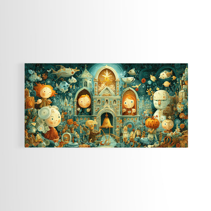 The Bellringer Of The Sunken Cathedral, Quilled Halloween Art, Wide Panoramic Art, Framed Canvas Print, Cute Halloween Wall Art