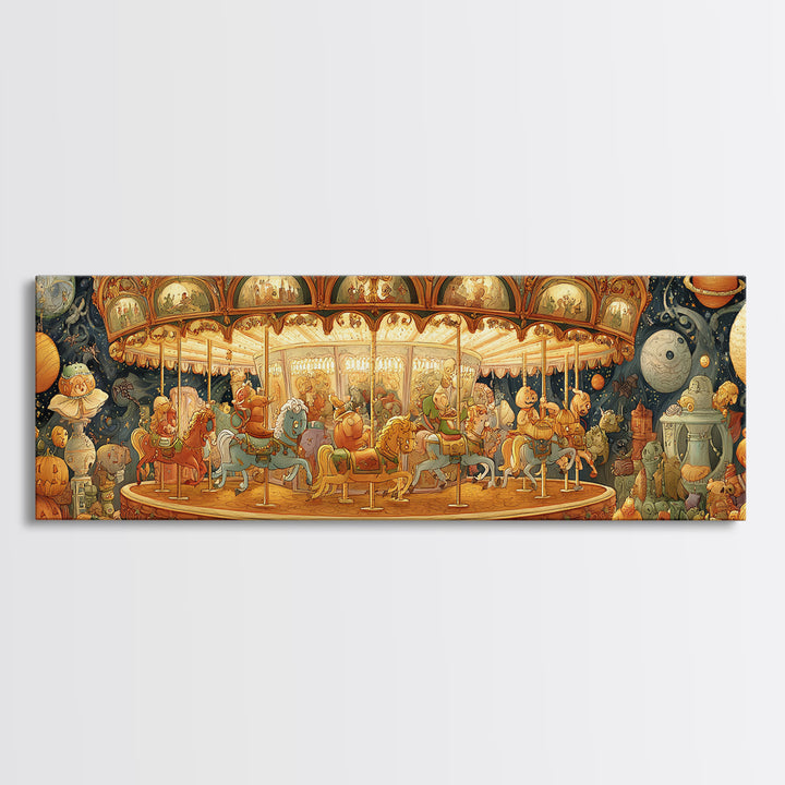 The Carousel Of Sleeping Planets, Stained Glass Halloween, Extra Wide Wall Art, Canvas Print, Cute Halloween Wall Art