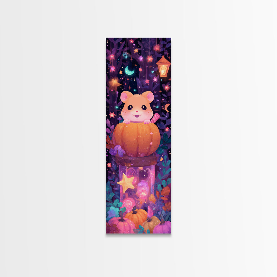 The Pumpkin Hamster, Vaporwave Halloween Art, Tall Narrow Wall Art, Framed Canvas Print, Cute Halloween Wall Art