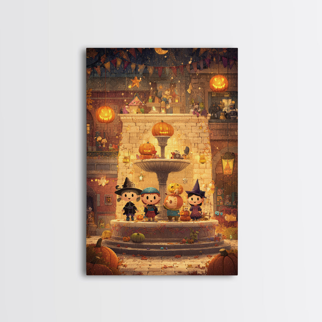 The Trick-Or-Treat Village Square, Pixel Halloween Art, Vertical Wall Art, Canvas Print, Cute Halloween Wall Art