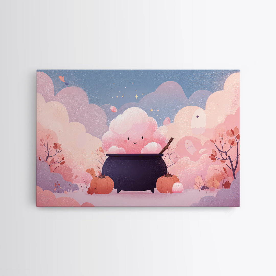 The Cotton-Candy Cauldron, Vector Halloween Art, Landscape Wall Art, Framed Canvas Print, Cute Halloween Wall Art