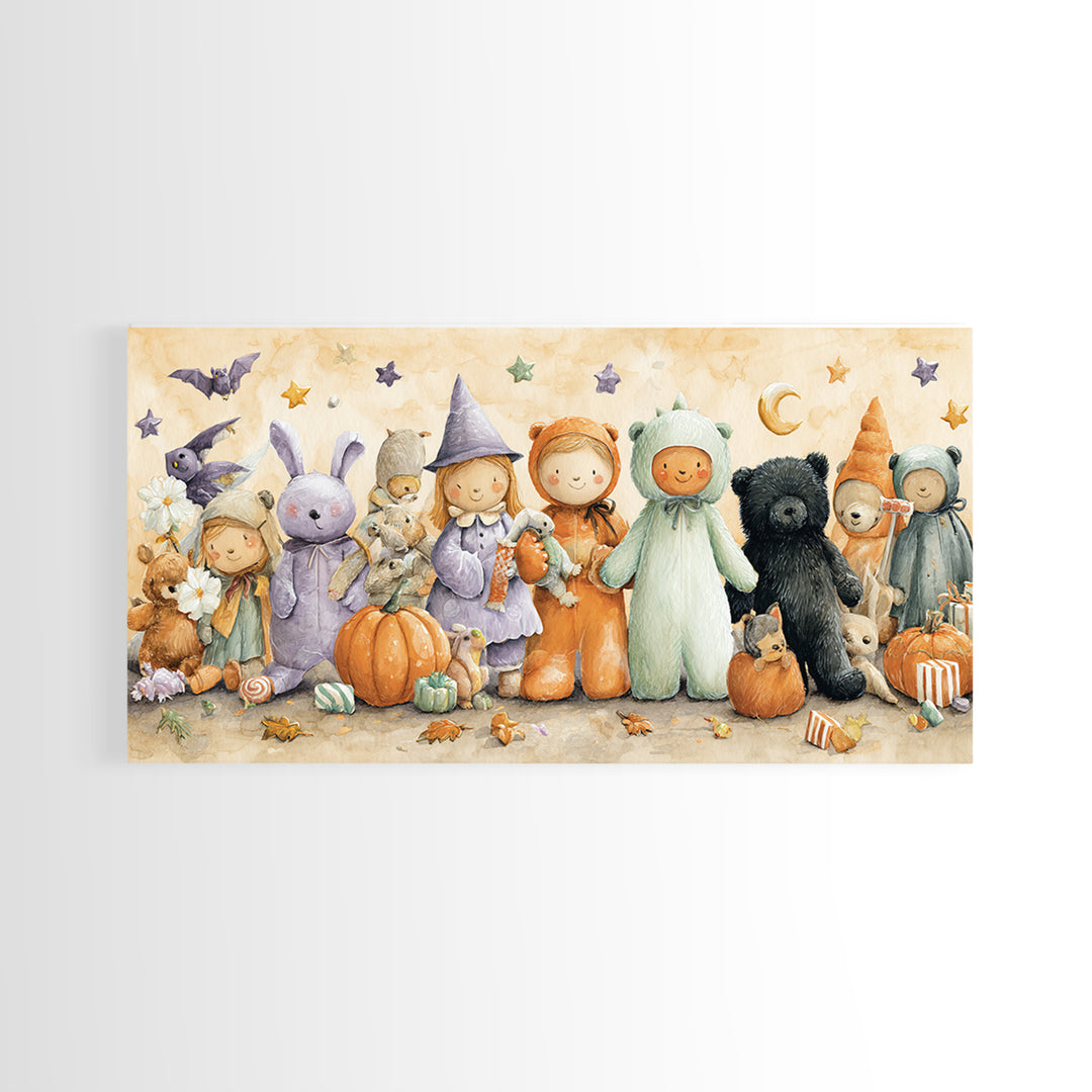 The Halloween Toy Kingdom, Watercolor Halloween Art, Wide Panoramic Art, Framed Canvas Print, Cute Halloween Wall Art