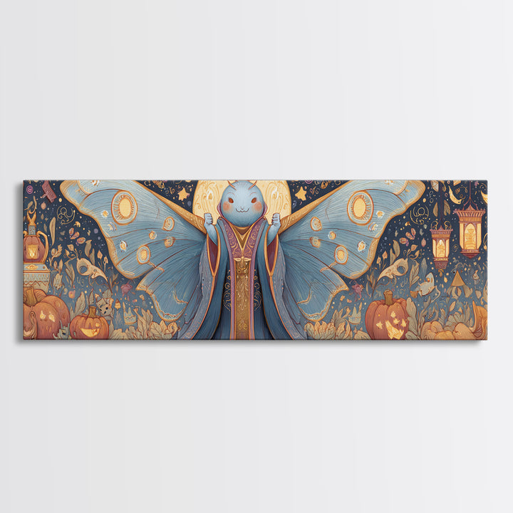 The Moth Prophet Of Kadath, Gouache Halloween Art, Extra Wide Wall Art, Canvas Print, Cute Halloween Wall Art