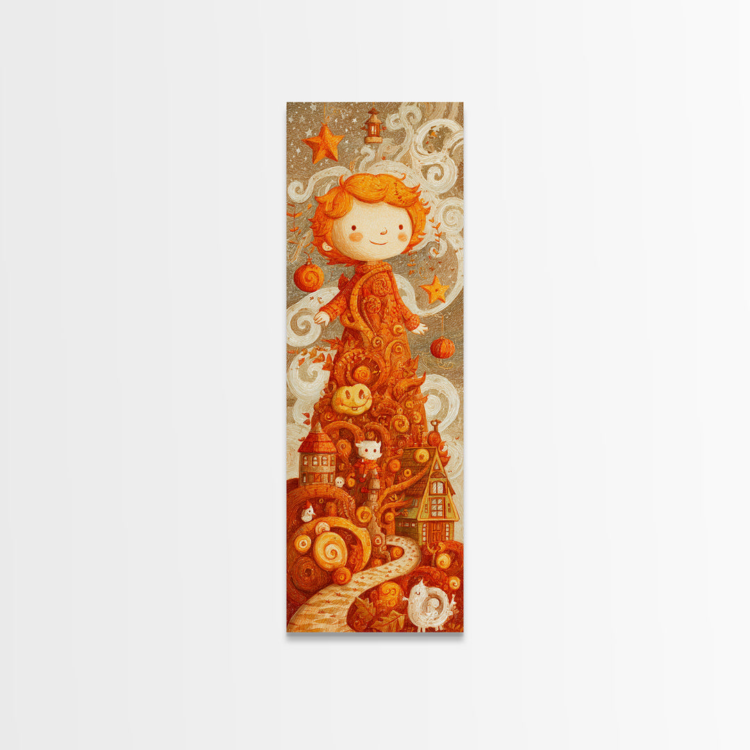 The Autumn Leaf Sprite, Crayon Halloween Art, Tall Narrow Wall Art, Framed Canvas Print, Cute Halloween Wall Art