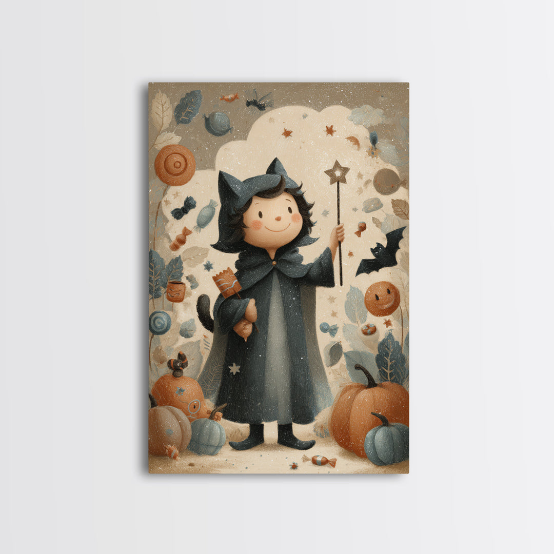 The Costume-Changing Wand, Pastel Halloween Art, Vertical Wall Art, Canvas Print, Cute Halloween Wall Art