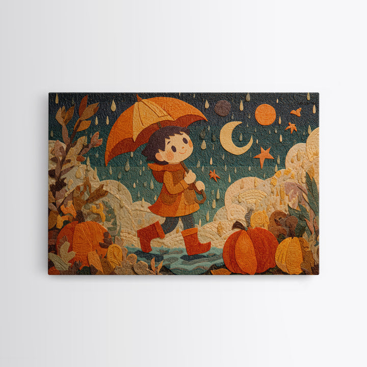 The Pumpkin Umbrella, Paper Collage Halloween, Landscape Wall Art, Framed Canvas Print, Cute Halloween Wall Art, Storybook Decor