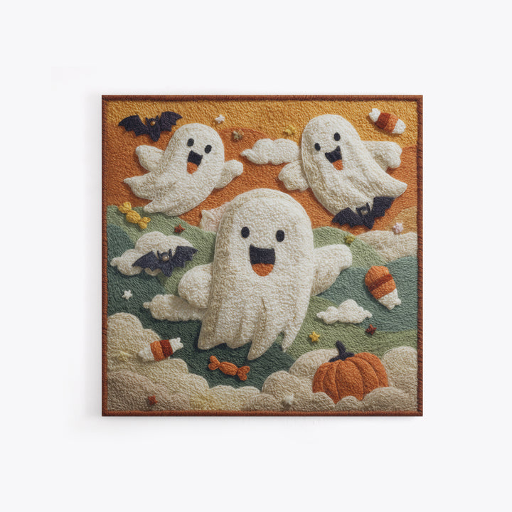 The Ghost Kite Festival, Felt Halloween Art, Square Wall Art, Canvas Print, Cute Halloween Wall Art, Halloween Kids Decor