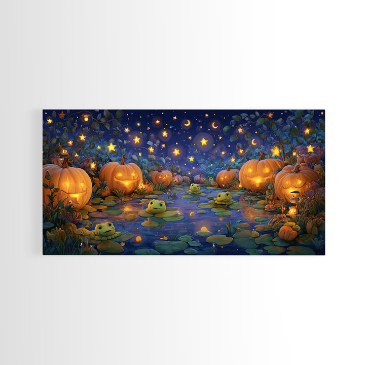 The Star-Filled Pumpkin Pond, Clay Halloween Art, Wide Panoramic Art, Framed Canvas Print, Cute Halloween Wall Art