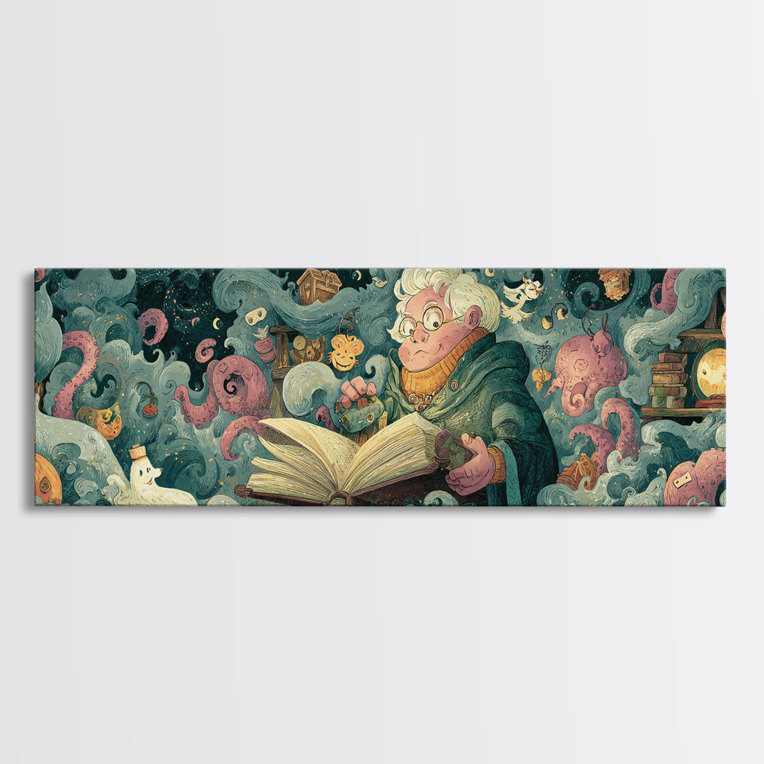 The Librarian Of Forbidden Tides, Plush Halloween Art, Extra Wide Wall Art, Canvas Print, Cute Halloween Wall Art