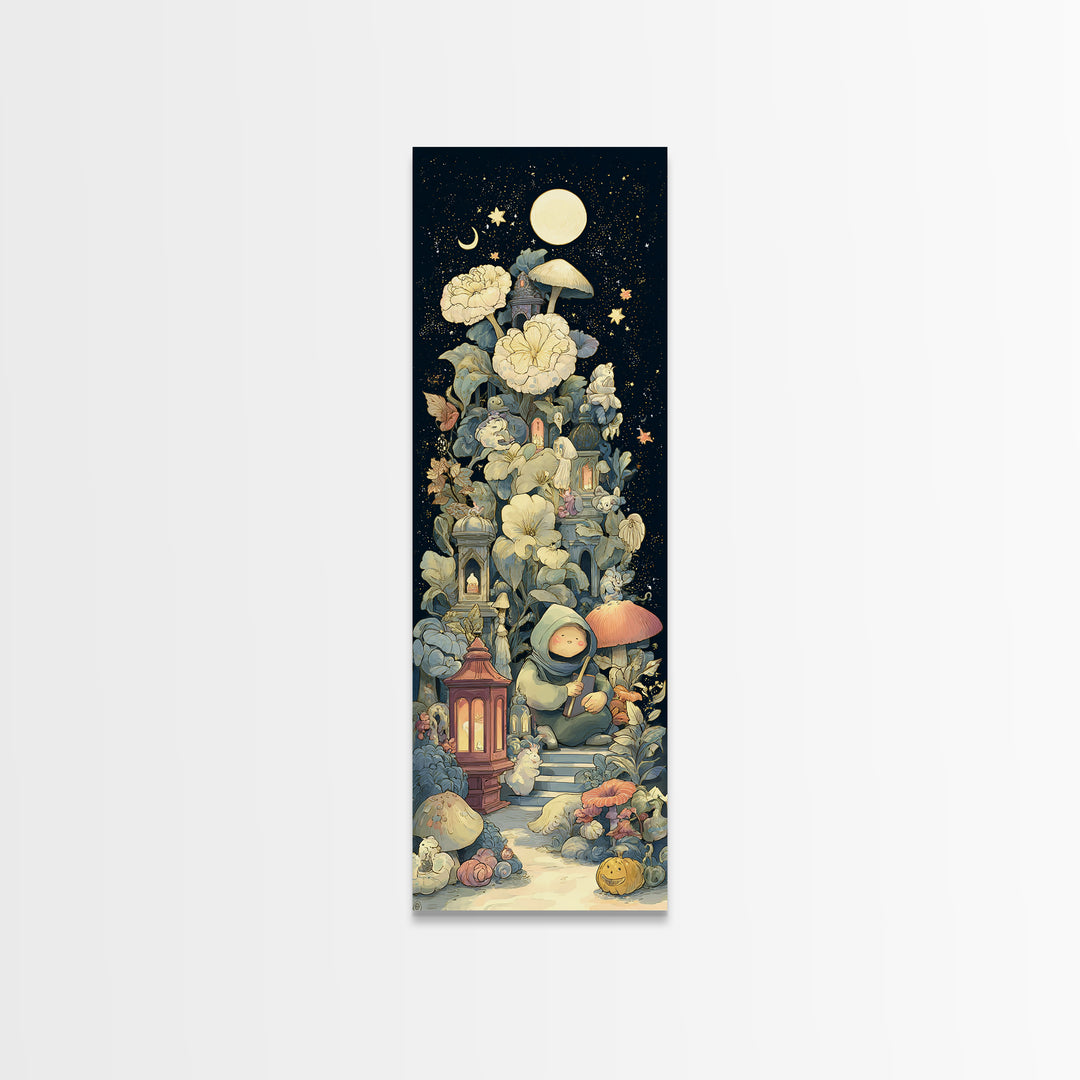 The Garden Of The Eyeless Moon, Kawaii Halloween Art, Tall Narrow Wall Art, Framed Canvas Print, Cute Halloween Wall Art