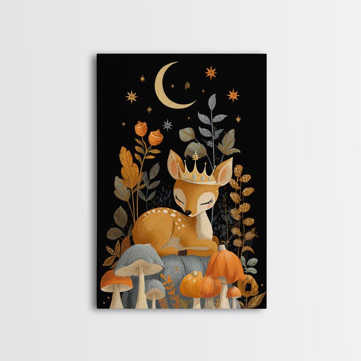 The Moon Princess Deer, Retro Halloween Art, Vertical Wall Art, Canvas Print, Cute Halloween Wall Art
