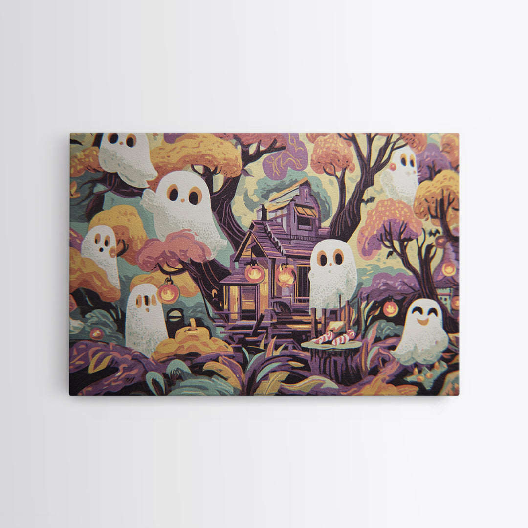 The Ghostly Treehouse, Screenprint Halloween Art, Landscape Wall Art, Framed Canvas Print, Cute Halloween Wall Art