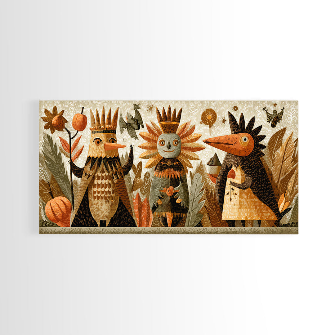 The Autumn Leaf Costume Contest, Linocut Halloween Art, Wide Panoramic Art, Framed Canvas Print, Cute Halloween Wall Art