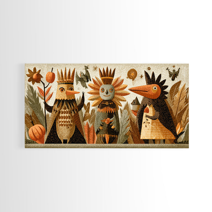 The Autumn Leaf Costume Contest, Linocut Halloween Art, Wide Panoramic Art, Framed Canvas Print, Cute Halloween Wall Art