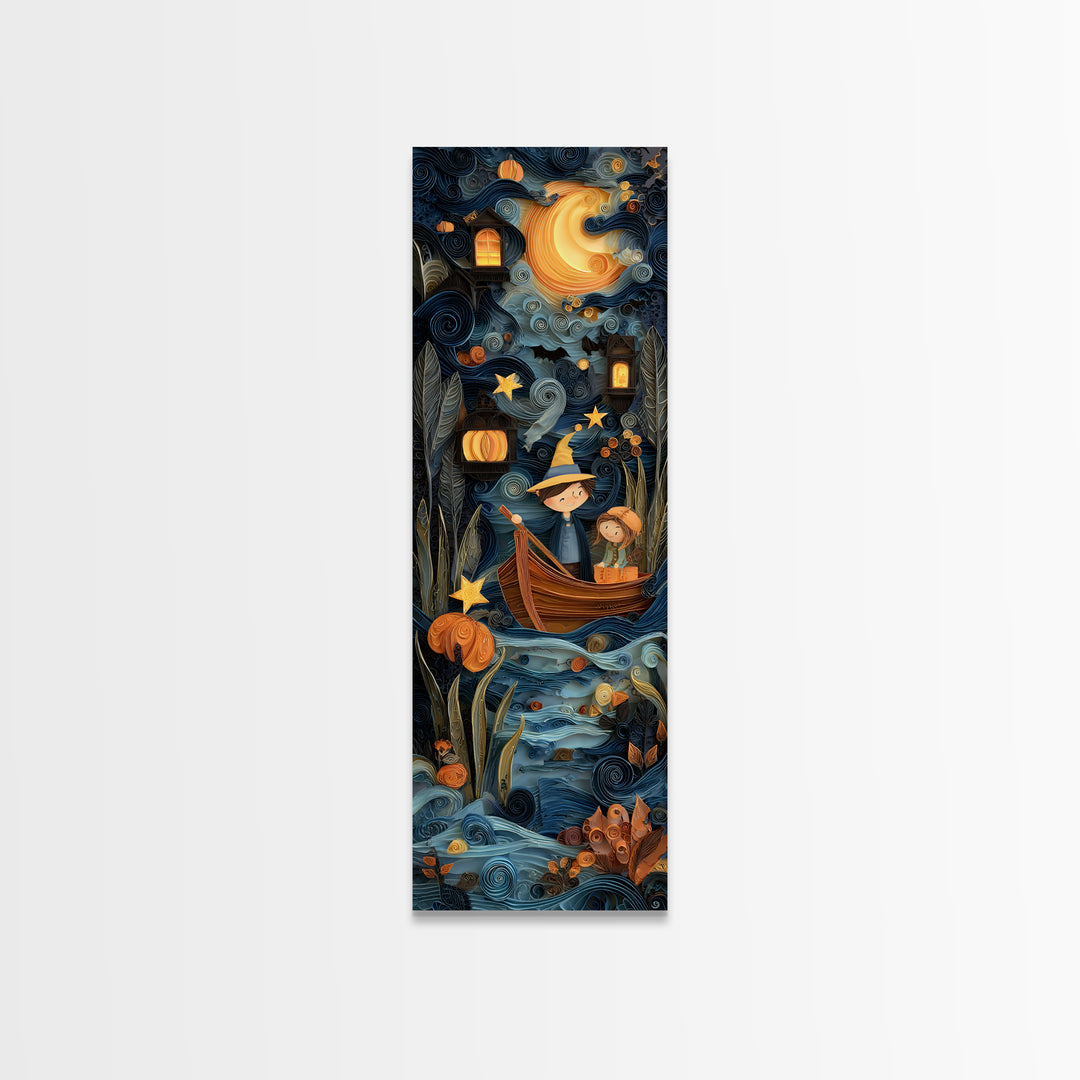 The Ferryman Of The Outer Marsh, Quilled Halloween Art, Tall Narrow Wall Art, Framed Canvas Print, Cute Halloween Wall Art