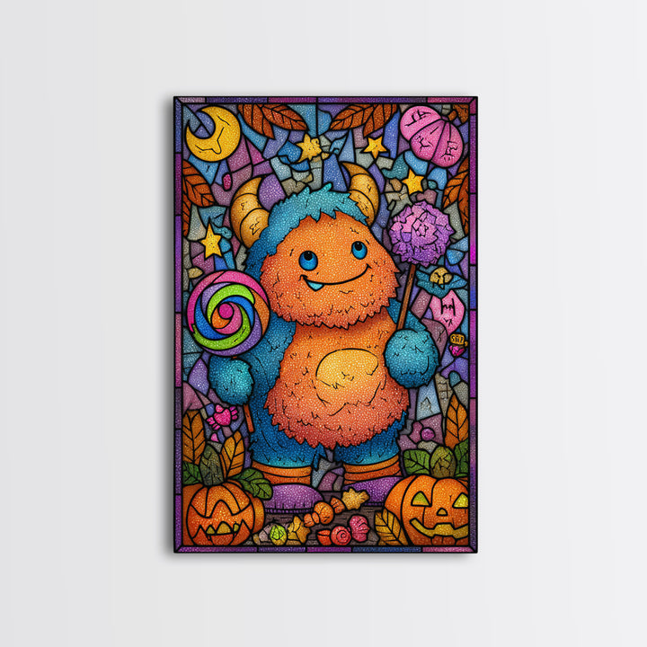 The Rainbow Monster, Stained Glass Halloween, Vertical Wall Art, Canvas Print, Cute Halloween Wall Art