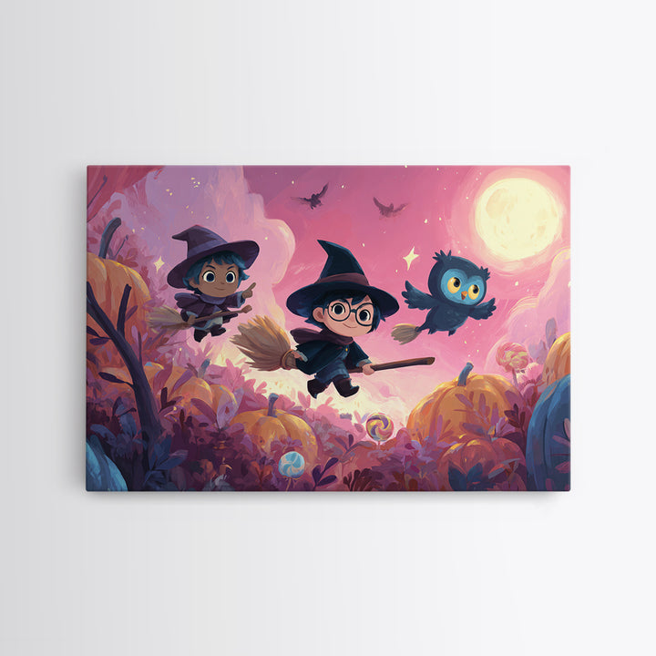 The Broomstick Riding Lesson, Vaporwave Halloween Art, Landscape Wall Art, Framed Canvas Print, Cute Halloween Wall Art