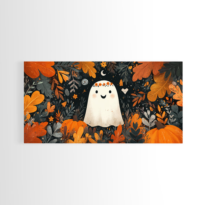 The Ghost With A Flower Crown, Vector Halloween Art, Wide Panoramic Art, Framed Canvas Print, Cute Halloween Wall Art