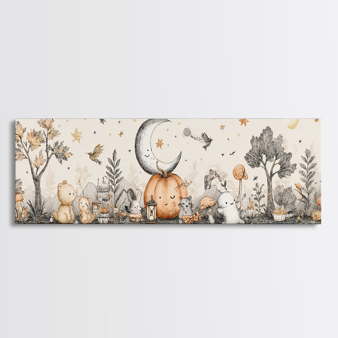 The Smiling Moon Meadow, Hand Sketch Halloween Art, Extra Wide Wall Art, Canvas Print, Cute Halloween Wall Art