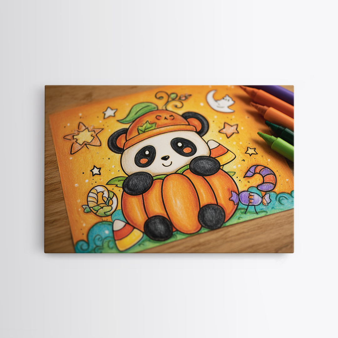 The Panda Pumpkin, Crayon Halloween Art, Landscape Wall Art, Framed Canvas Print, Cute Halloween Wall Art