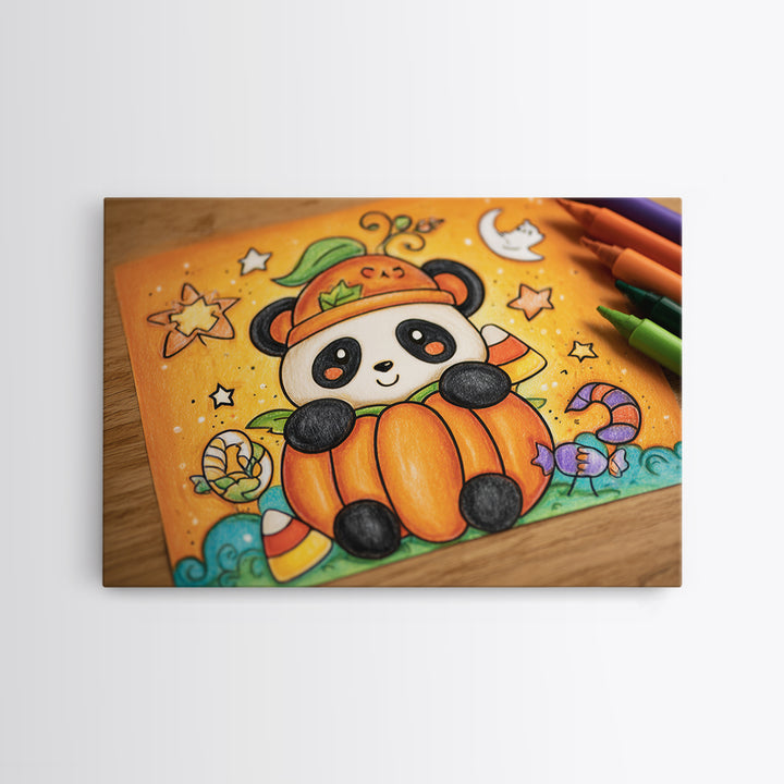 The Panda Pumpkin, Crayon Halloween Art, Landscape Wall Art, Framed Canvas Print, Cute Halloween Wall Art