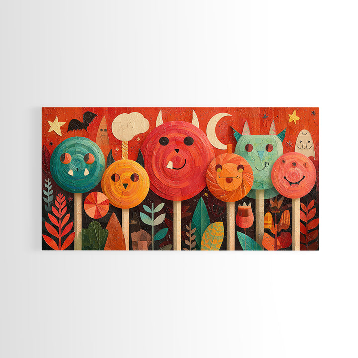 The Friendly Lollipop Monsters, Paper Collage Halloween, Wide Panoramic Art, Framed Canvas Print, Cute Halloween Wall Art