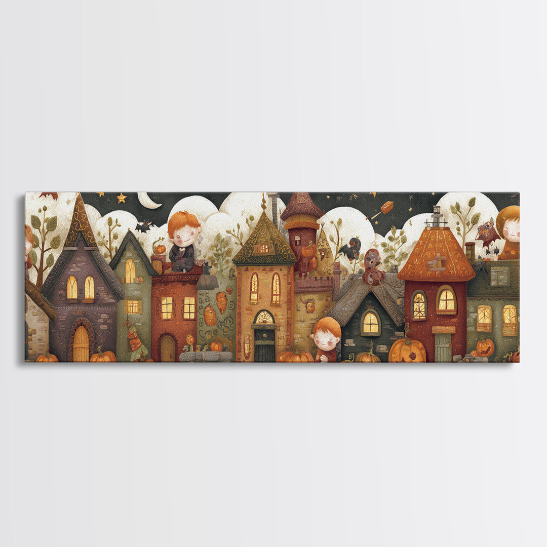 The Trick-Or-Treat Treasure Hunt, Felt Halloween Art, Extra Wide Wall Art, Canvas Print, Cute Halloween Wall Art