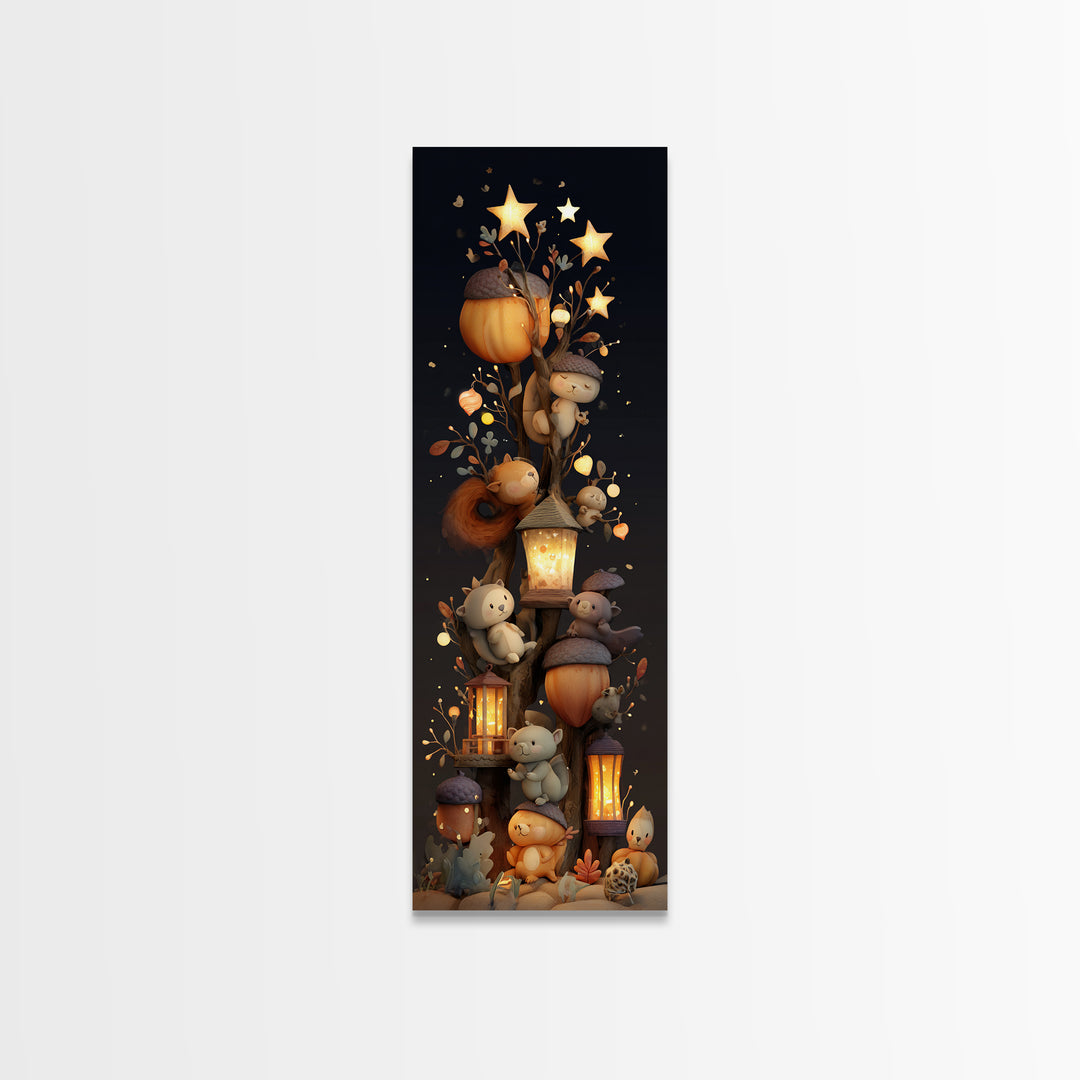 The Acorn Lantern Festival, Clay Halloween Art, Tall Narrow Wall Art, Framed Canvas Print, Cute Halloween Wall Art