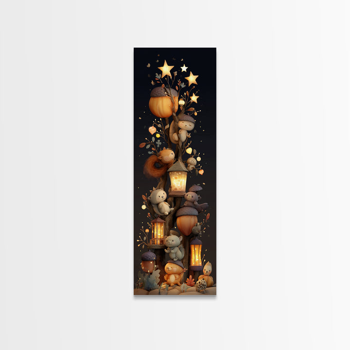 The Acorn Lantern Festival, Clay Halloween Art, Tall Narrow Wall Art, Framed Canvas Print, Cute Halloween Wall Art