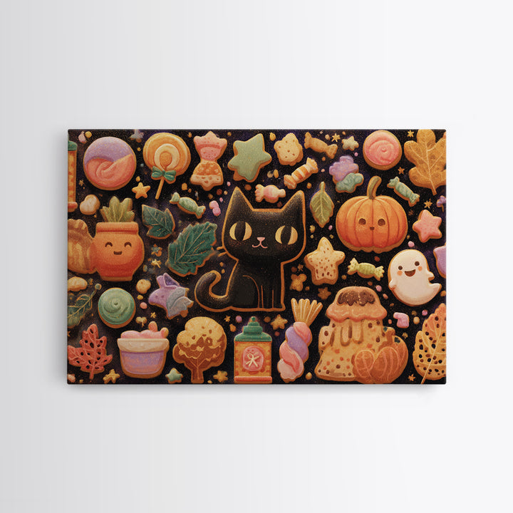 The Black Cat Baker, Kawaii Halloween Art, Landscape Wall Art, Framed Canvas Print, Cute Halloween Wall Art