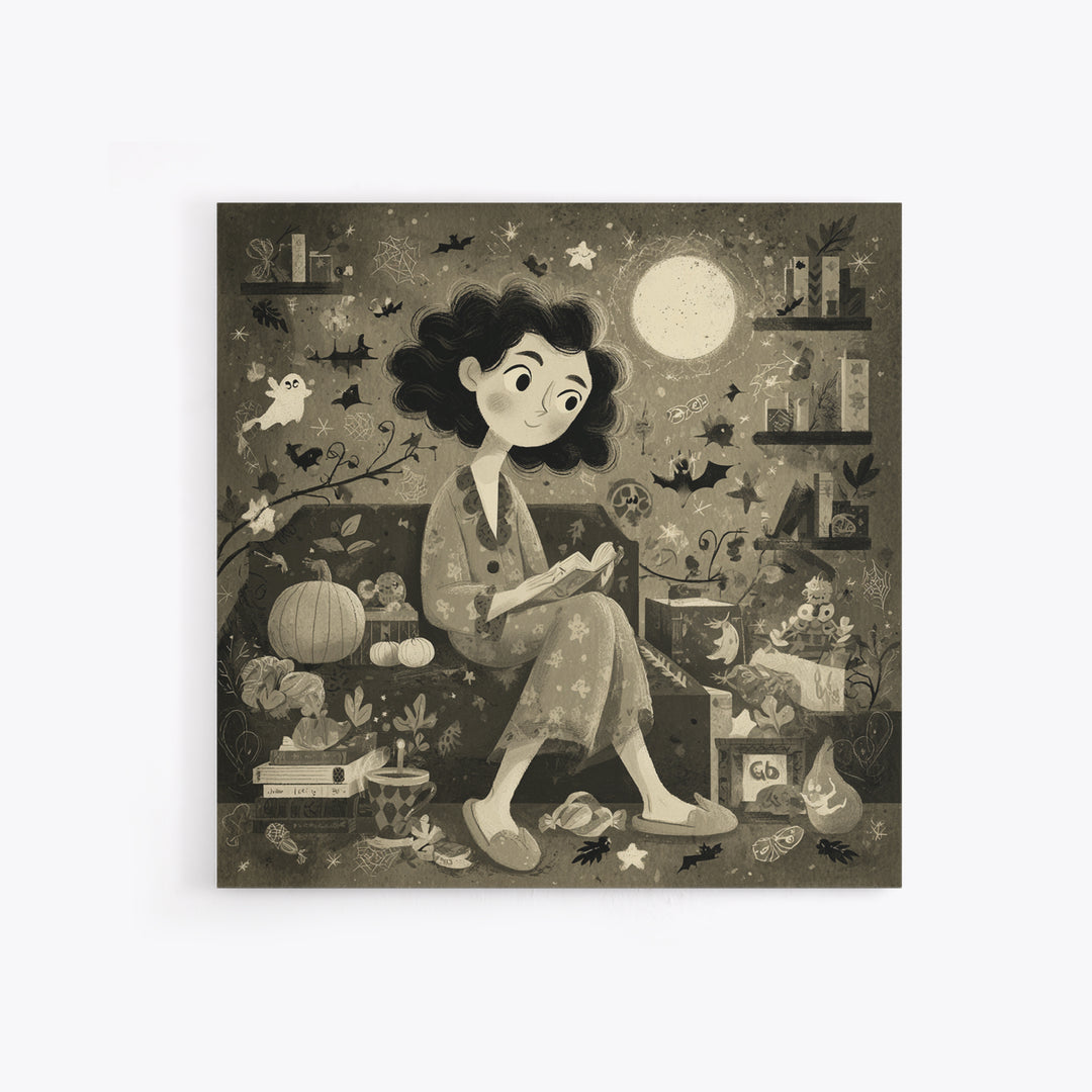 The Moonlight Pajama Witch, Retro Halloween Art, Square Wall Art, Canvas Print, Cute Halloween Wall Art