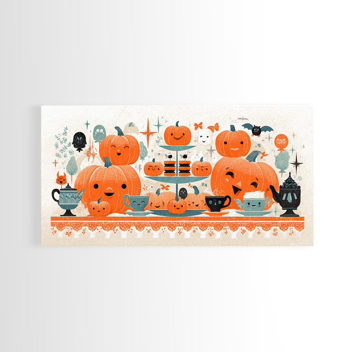 The Pumpkin Tea Party, Screenprint Halloween Art, Wide Panoramic Art, Framed Canvas Print, Cute Halloween Wall Art