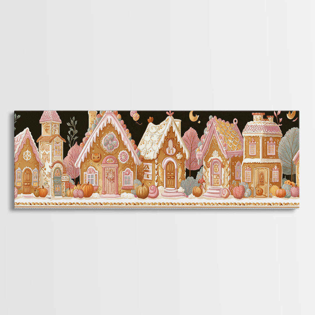 The Halloween Gingerbread Village, Folk Halloween Art, Extra Wide Wall Art, Canvas Print, Cute Halloween Wall Art, Storybook Decor
