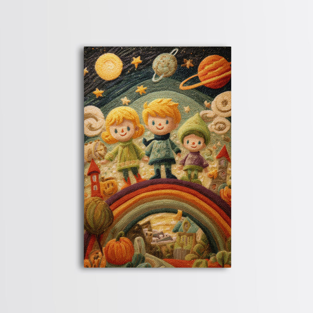 The Parade Across The Stars, Embroidered Halloween Art, Vertical Wall Art, Canvas Print, Cute Halloween Wall Art