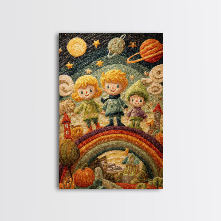 The Parade Across The Stars, Embroidered Halloween Art, Vertical Wall Art, Canvas Print, Cute Halloween Wall Art