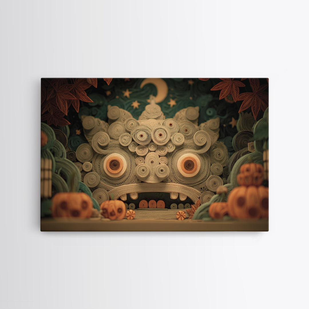 The Custodian Of The Whispering Idol, Quilled Halloween Art, Landscape Wall Art, Framed Canvas Print, Cute Halloween Wall Art