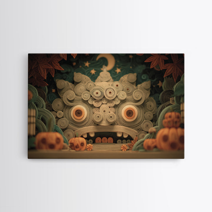 The Custodian Of The Whispering Idol, Quilled Halloween Art, Landscape Wall Art, Framed Canvas Print, Cute Halloween Wall Art