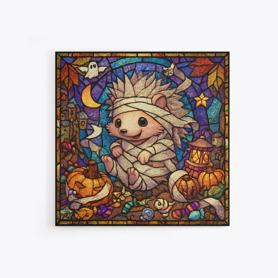 The Hedgehog Mummy, Stained Glass Halloween, Square Wall Art, Canvas Print, Cute Halloween Wall Art, Halloween Kids Decor