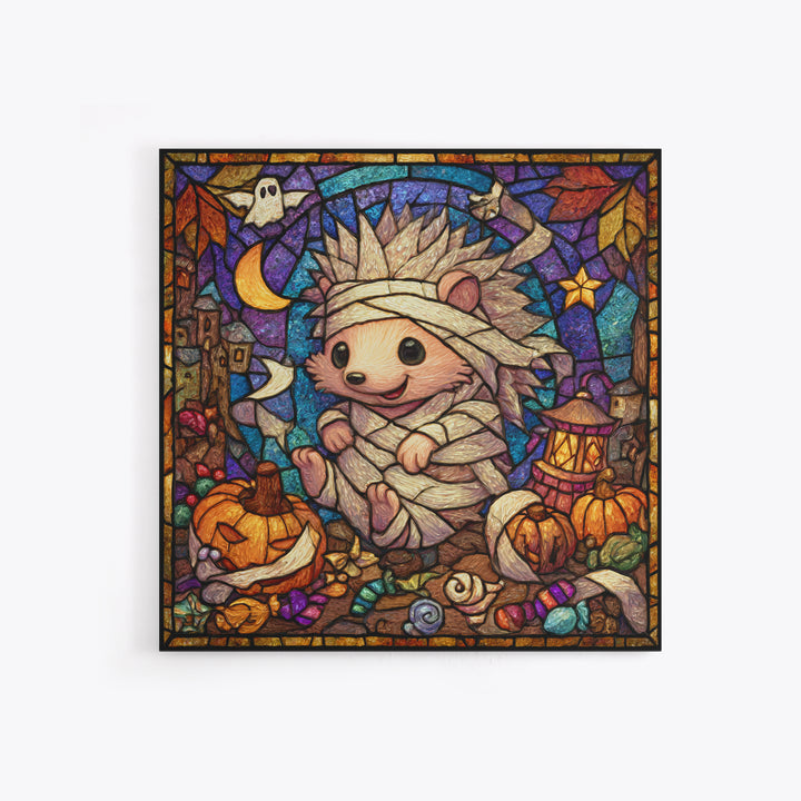 The Hedgehog Mummy, Stained Glass Halloween, Square Wall Art, Canvas Print, Cute Halloween Wall Art, Halloween Kids Decor