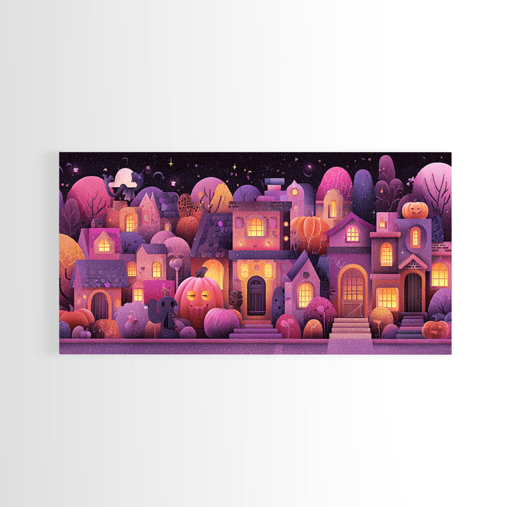 Pumpkin Cottage Lane, Vaporwave Halloween Art, Wide Panoramic Art, Framed Canvas Print, Cute Halloween Wall Art