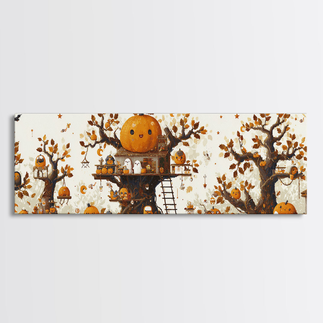 The Pumpkin Treehouse, Pixel Halloween Art, Extra Wide Wall Art, Canvas Print, Cute Halloween Wall Art