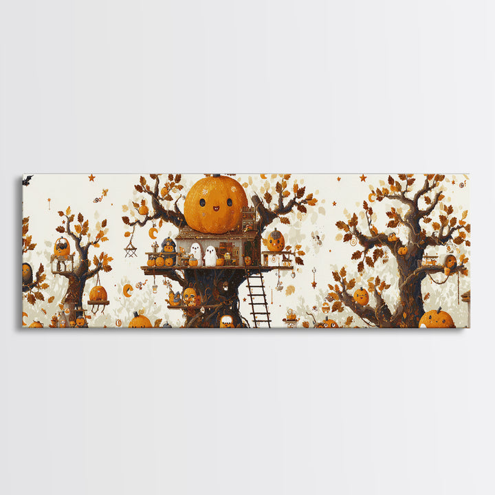 The Pumpkin Treehouse, Pixel Halloween Art, Extra Wide Wall Art, Canvas Print, Cute Halloween Wall Art
