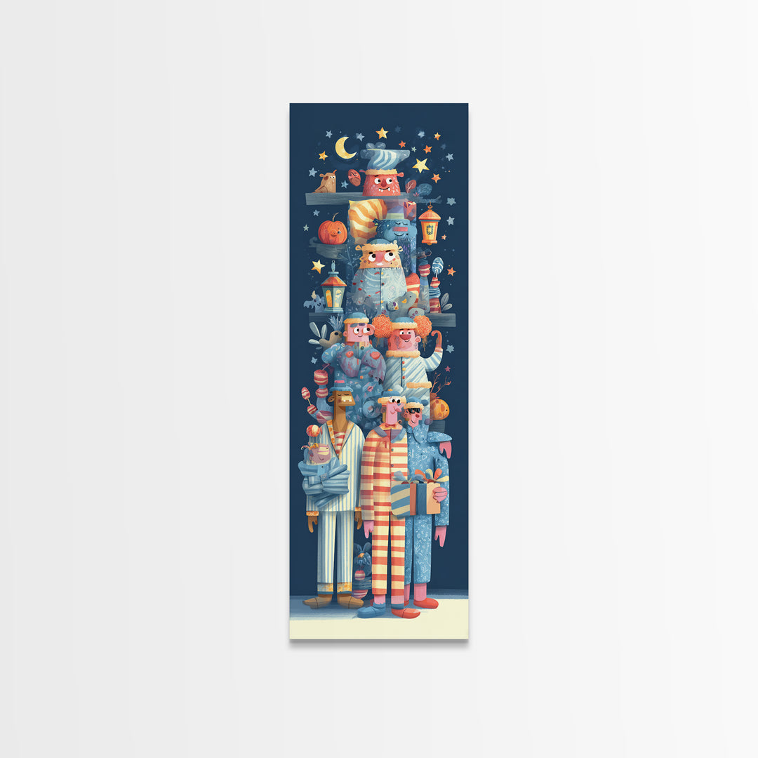 The Monster Pajama Parade, Vector Halloween Art, Tall Narrow Wall Art, Framed Canvas Print, Cute Halloween Wall Art